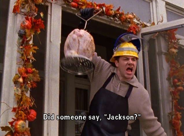 Gilmore Girls Jackson holds up a Thanksgiving turkey